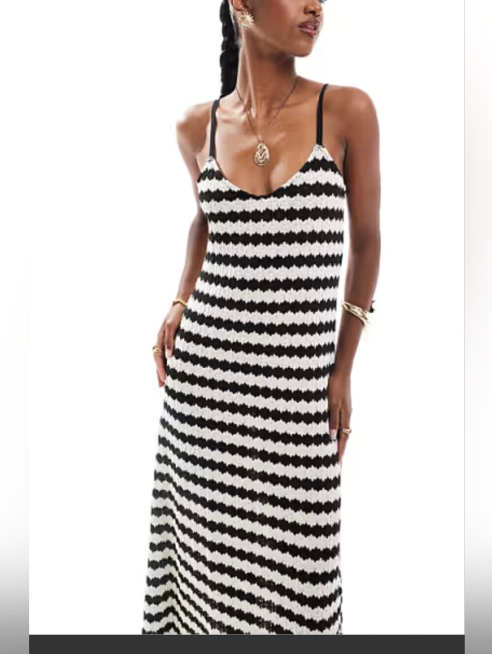 Zara-M-Black and White Striped Knitted Maxi Slip Dress